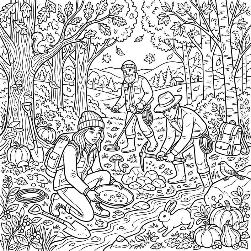 Dive into the golden hues of autumn with this exciting coloring page featuring intrepid prospectors. Discover a lively forest scene as they search for treasure amidst falling leaves and woodland creatures.