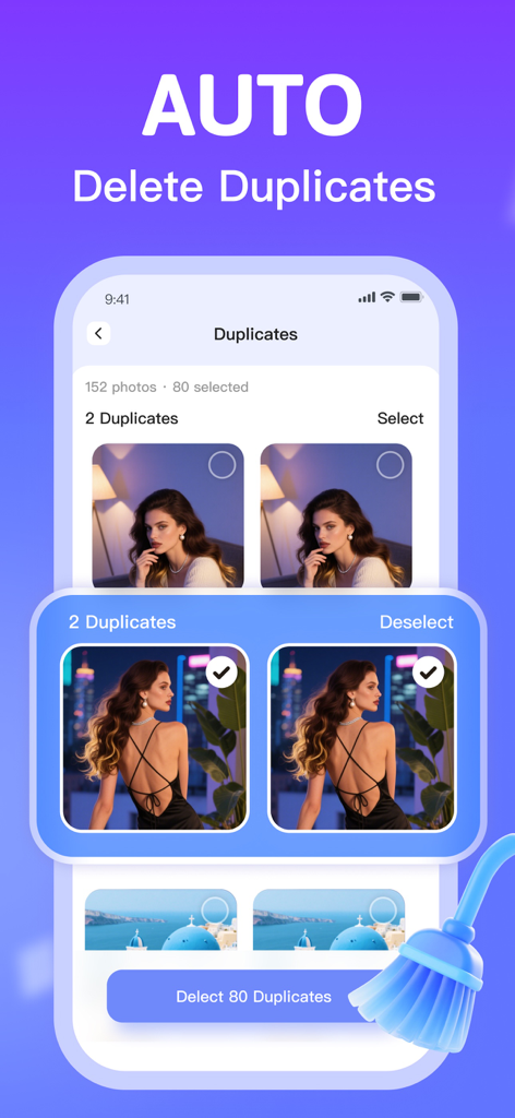 Boost Cleaner - Boost Cleaner app interface showing the auto delete duplicates feature for managing duplicate photos and screenshots