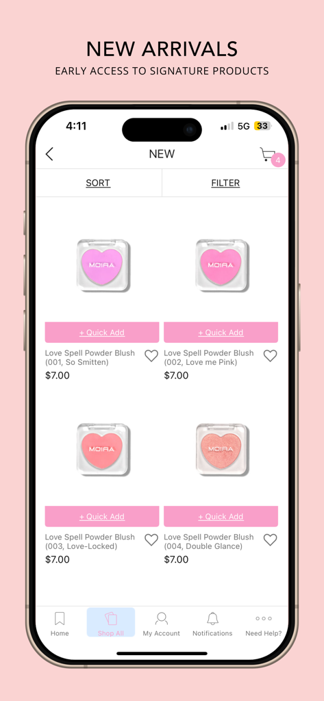 Moira Cosmetics - Moira Cosmetics Mobile App Shopping-Oberfläche zeigt Neuankömmlinge von herzförmigen Puderrouge-Produkten an