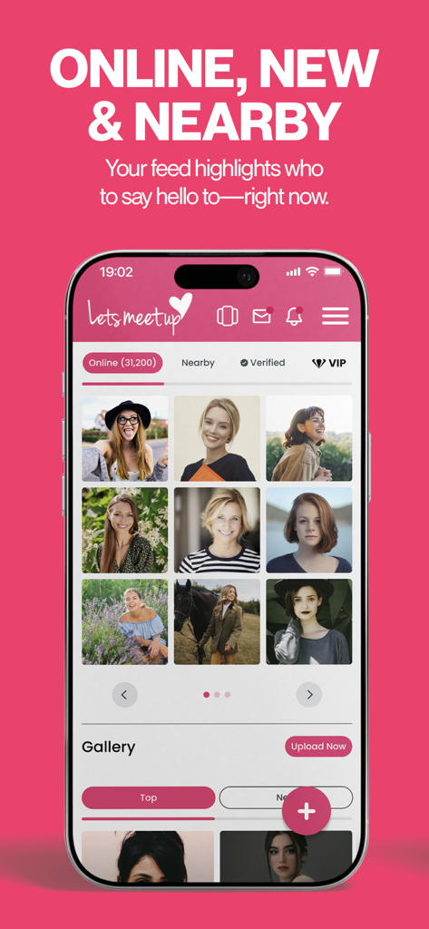 Lets Meet Up - Lets Meet Up app interface displaying a grid of local singles who are currently online and nearby