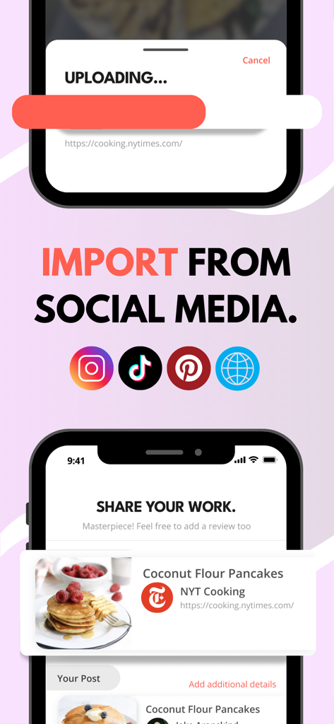 Pepper - Recipe Organizer - TikTok、Instagram、Pinterestなどのソーシャルメディアプラットフォームからレシピをインポートする方法を示すPepperアプリのスクリーンショット