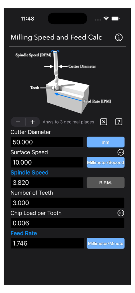 Milling Speed and Feed Calc - Milling Speed and Feed Calc mobile app interface with a machining diagram and calculation fields.