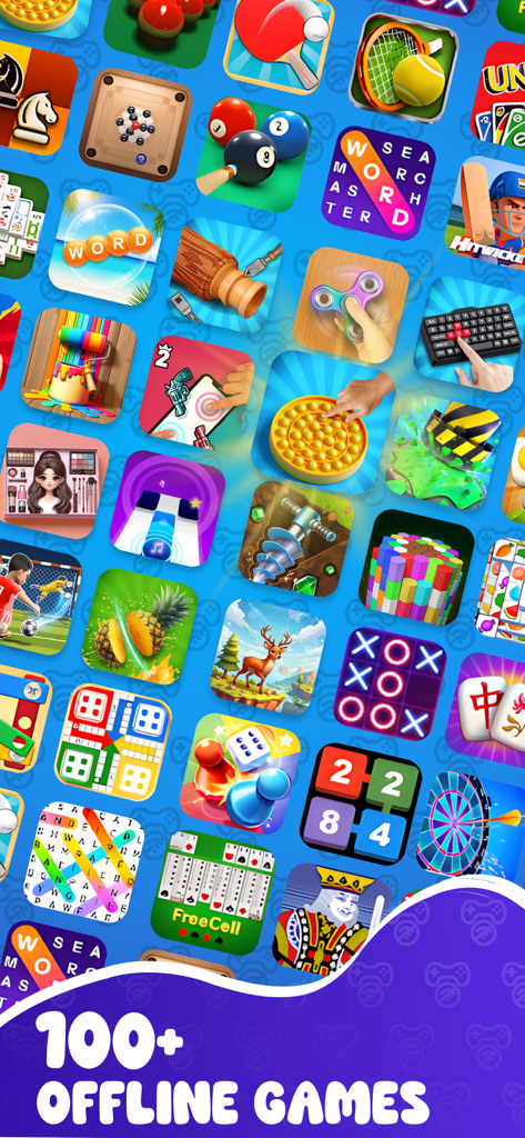 A diverse collection of mini game icons featuring puzzles board games and antistress toys