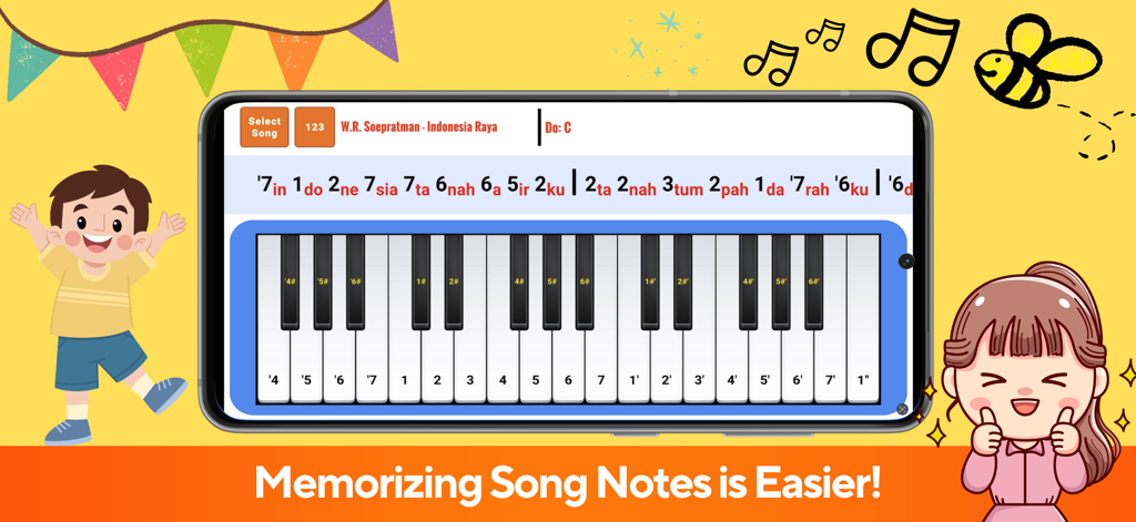 Pianika - Smartphone displaying the Pianika app with a virtual keyboard and song note labels