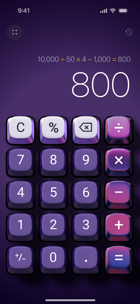 Basic Calculator with History - Aesthetic purple 3D calculator interface with calculation history display