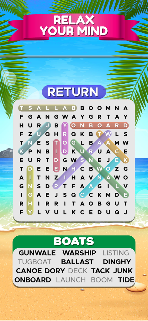 Word Search Games: Wordscapes - Um quebra-cabeça de caça-palavras com tema de barco e um fundo de praia tropical calmante.