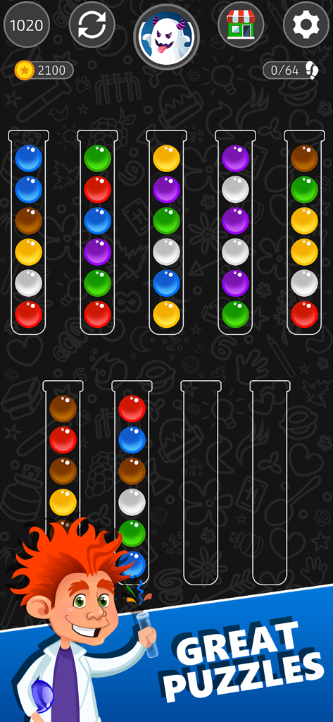 Ball Sort Master - Interface do jogo Ball Sort Master mostrando bolas coloridas em tubos de vidro com um personagem de cientista de desenho animado.