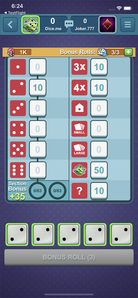 Dice-n-Roll online Yatzy - Gameplay screen of Dice-n-Roll online Yatzy showing a digital scorecard and five dice with matching values