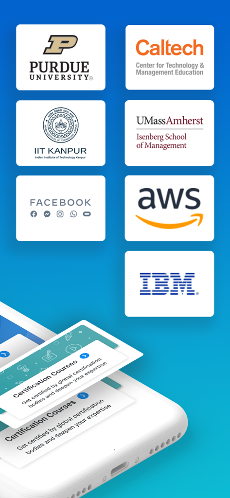 Simplilearn: Online Learning - Logotipos de universidades y empresas tecnológicas asociadas como Purdue, Caltech, AWS e IBM para certificaciones en línea