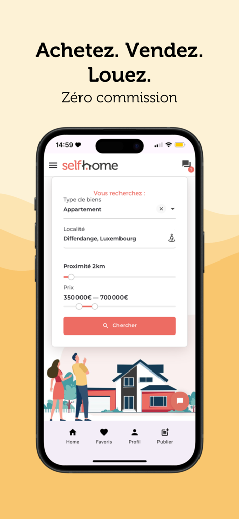 Selfhome.lu - Annonces Immo - Selfhome.lu mobile app search screen showing property filters for location and price in Luxembourg