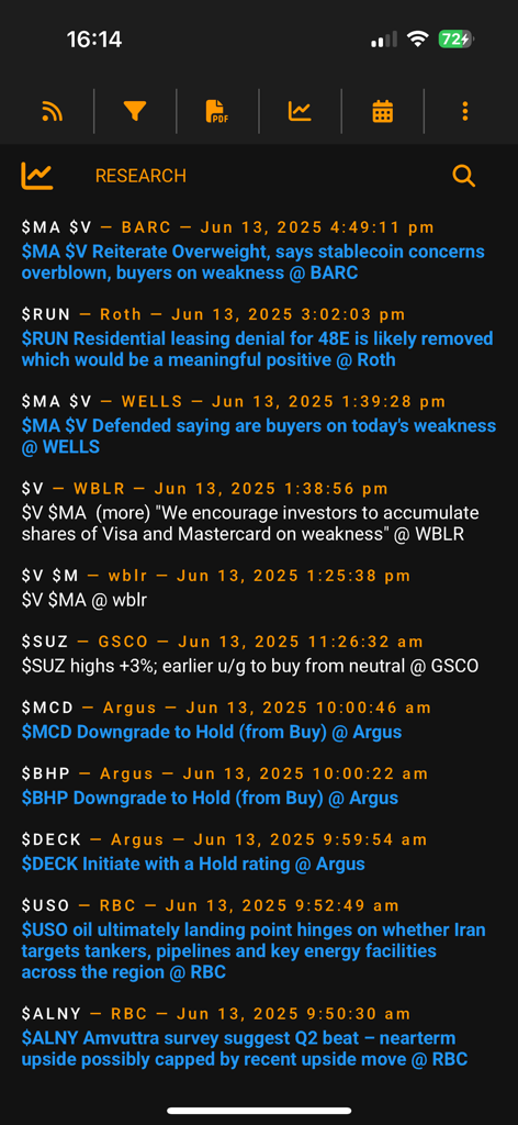 Interface of the HS MarketTalk app displaying a real-time research feed with stock analyst ratings and financial news updates.