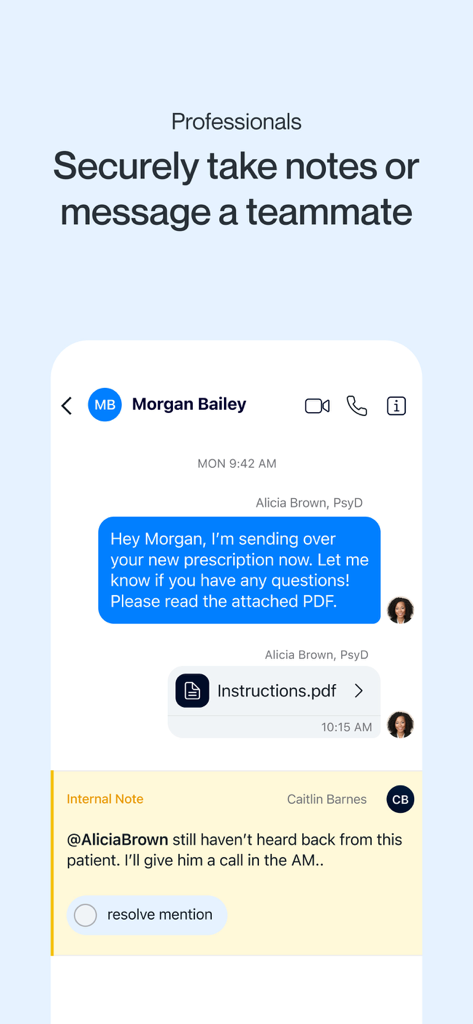 Spruce: Medical Communication - Spruce app interface displaying secure professional messaging and internal team notes for medical collaboration