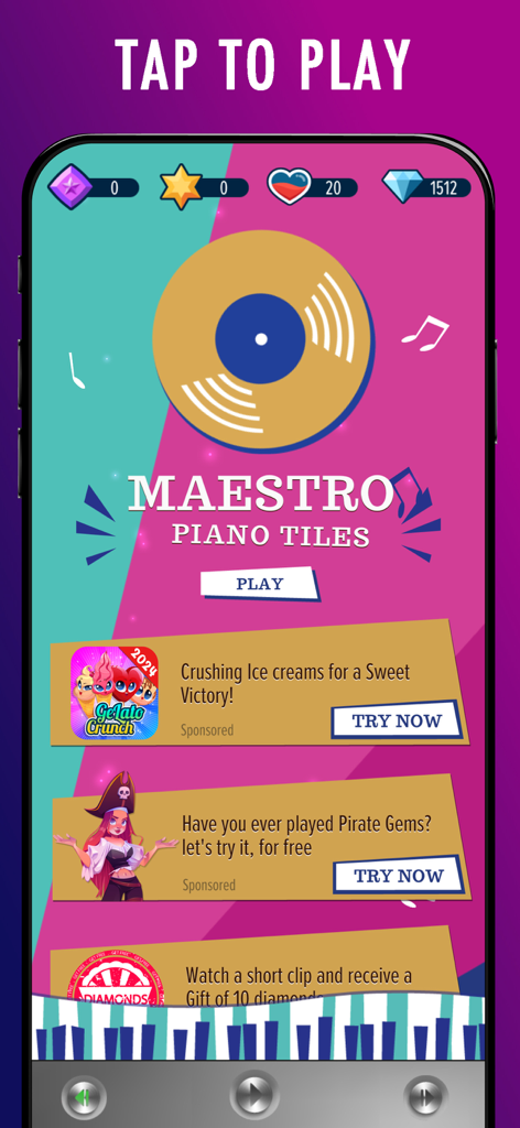 Maestro Piano Tiles: Premium - Hauptmenü des Maestro Piano Tiles Premium-Spiels mit einer goldenen Vinyl-Schallplatte und einer Wiedergabetaste