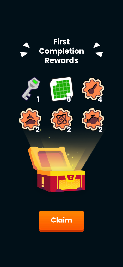 Inventory Merge Combat - Reward screen in Inventory Merge Combat showing a glowing treasure chest and collectible items with a claim button.