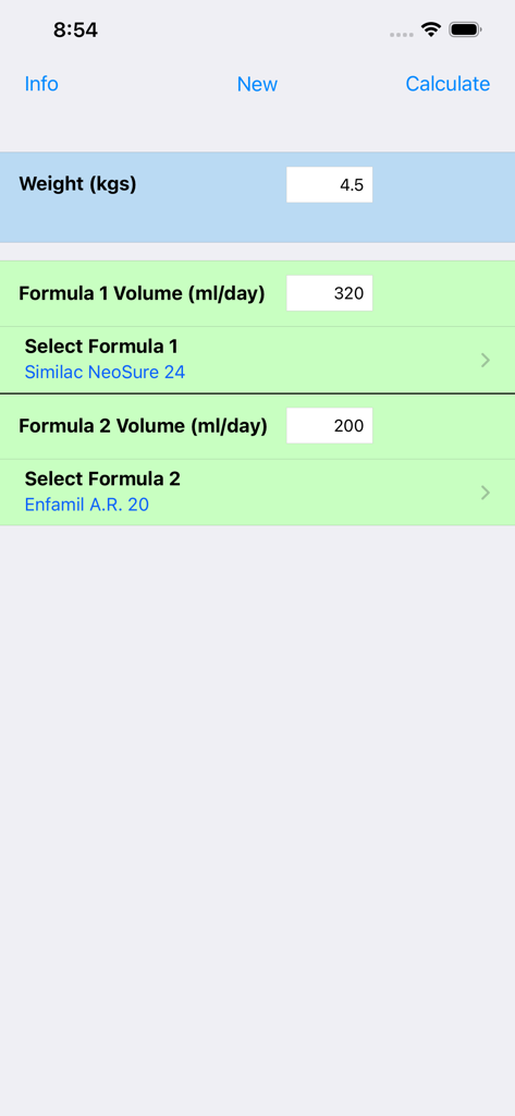 Infant Nutrition Calculator - Interface utilisateur du Calculateur de Nutrition Infantile montrant les champs de saisie pour le poids et la sélection de la formule infantile.