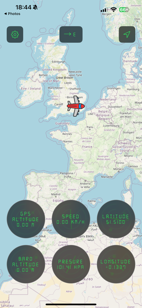 Flight Mode Map - Interface of Flight Mode Map app showing a real-time plane icon over Europe with flight telemetry gauges for speed altitude and coordinates