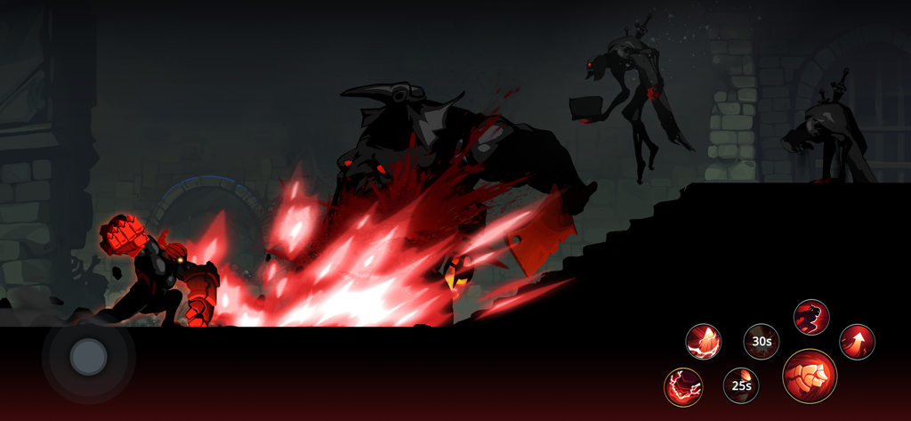 Shadow Knight Ninja Fight Game - Shadow Knight-Held kämpft gegen ein riesiges Monster mit roten Energieangriffen in einer dunklen Fantasy-Umgebung