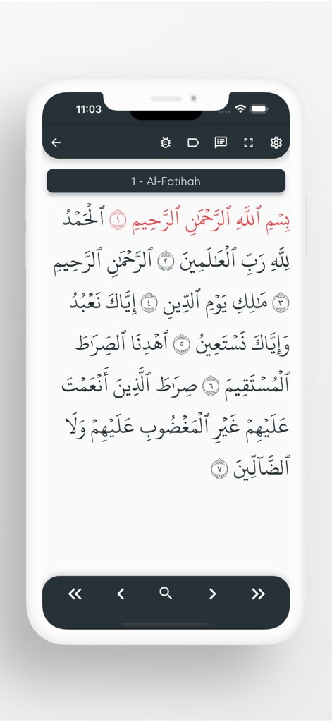 Read & Listen Qur'an - Smartphone screen displaying the Arabic text of Surah Al-Fatihah in the Read and Listen Quran app