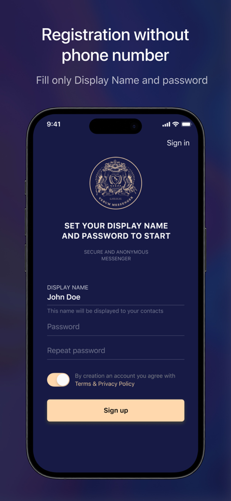Verum Messenger registration screen showing anonymous signup with display name and password only.