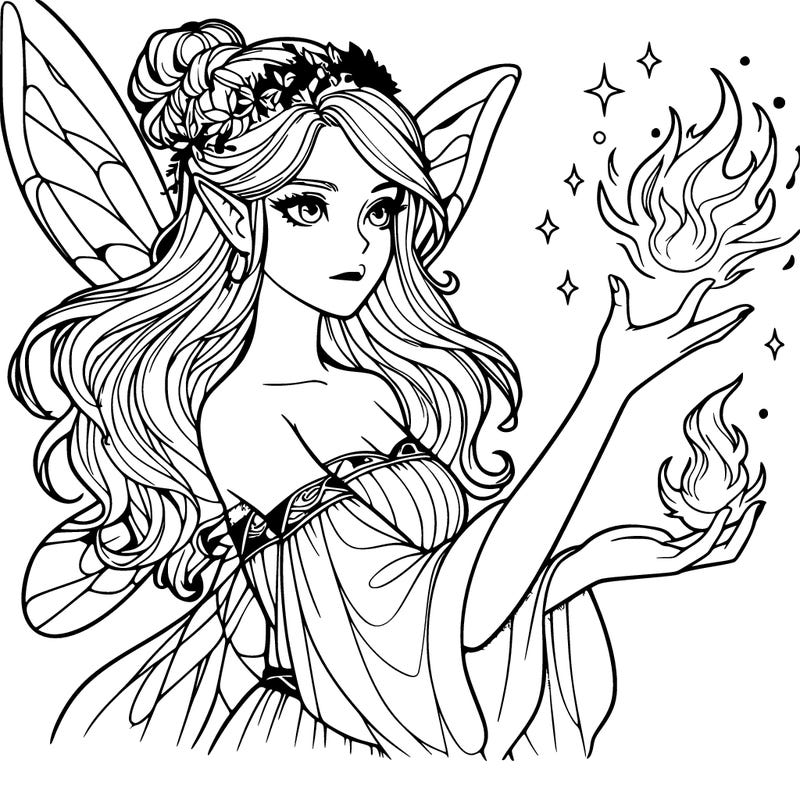 realistic female fairy sorceress casting fire spell