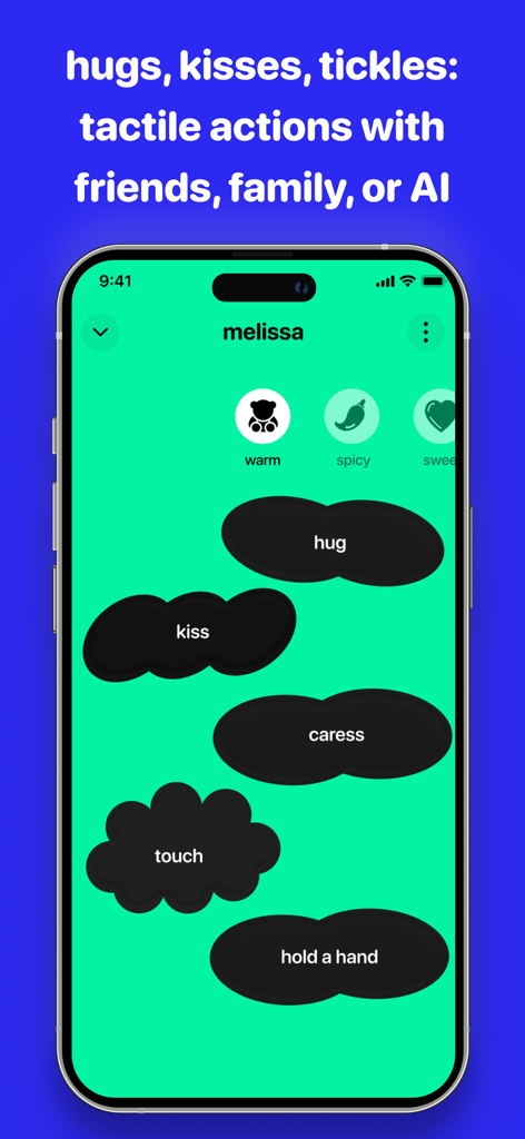 Pantalla de la aplicación Obimy que muestra varias acciones táctiles como abrazar, besar y acariciar para la interacción háptica con amigos