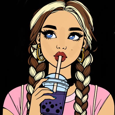 realistic girl with braided hair drinking boba