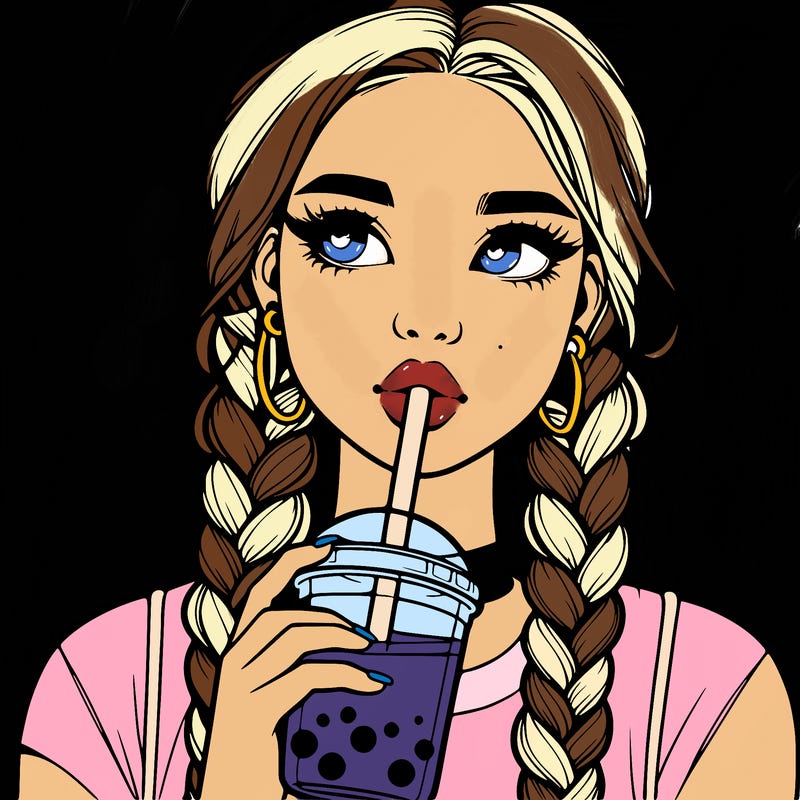 realistic girl with braided hair drinking boba