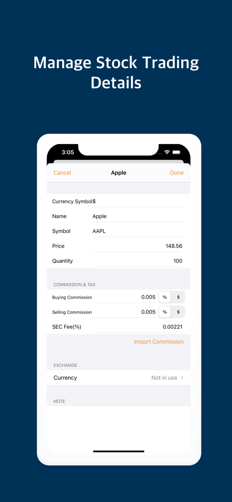 Smart Stock Calculator - Mobile app interface for managing stock trading details including price quantity and commissions