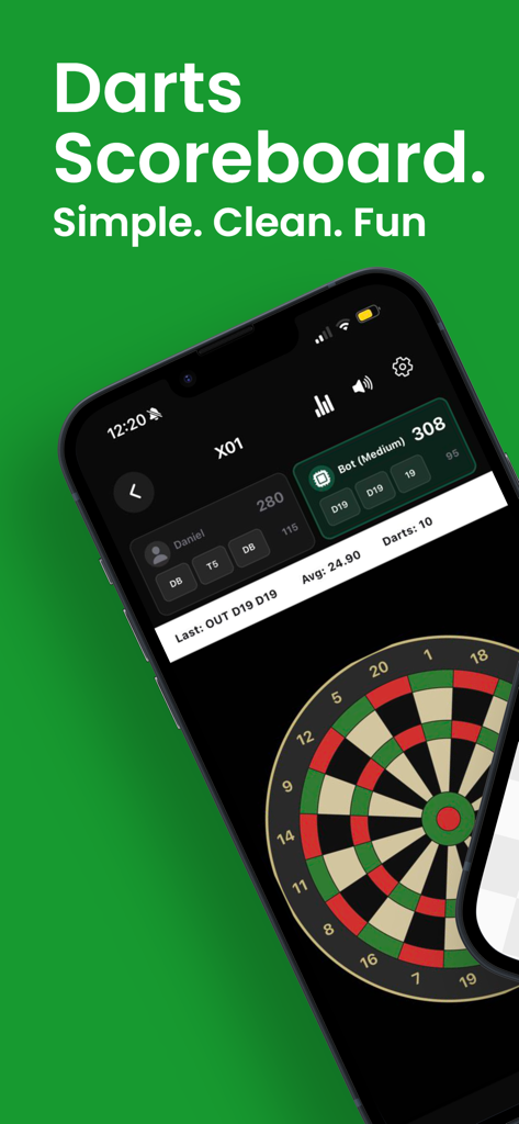 Darts Scoreboard: Darts Scorer - Darts Scoreboard App-Oberfläche, die ein Spiel gegen einen Bot mit Echtzeit-Scoring und einem virtuellen Dartboard zeigt.