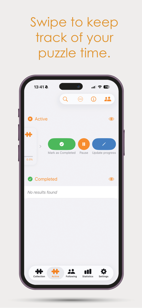 Jvh Puzzle - 完了、一時停止、または進捗状況の更新ボタンが表示される、アクティブなパズル追跡を示すJvH Puzzleアプリのインターフェイス。