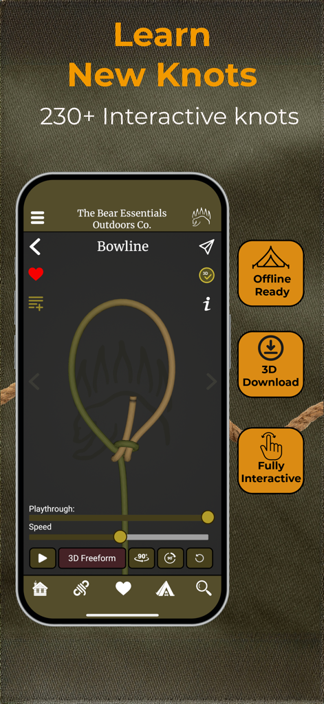 Knot IQ - The Bear Essentials - Knot IQ app displaying a 3D interactive animation of a Bowline knot with offline use options