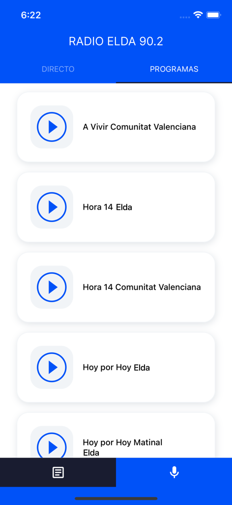 Un elenco di programmi radiofonici locali sull'app Radio Elda per la Comunità Valenciana.