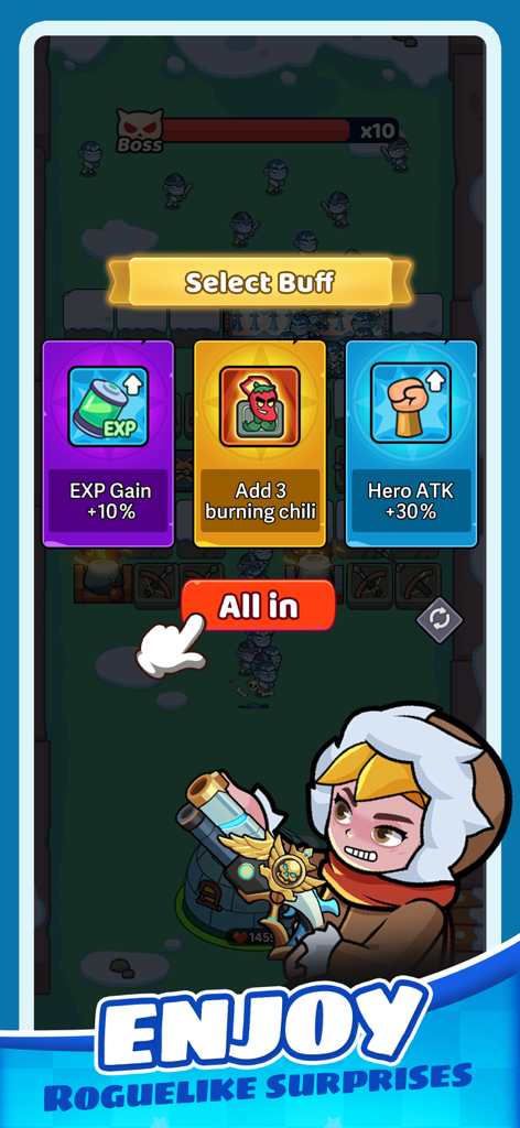Frost Saga: Tower Defense - A screenshot of Frost Saga Tower Defense showing the roguelike buff selection menu with three different upgrade options