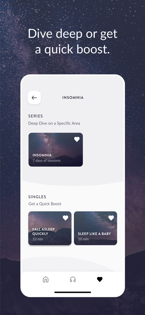 불면증을 위한 최면 요법 시리즈 및 단일 세션을 보여주는 Grace 앱 인터페이스