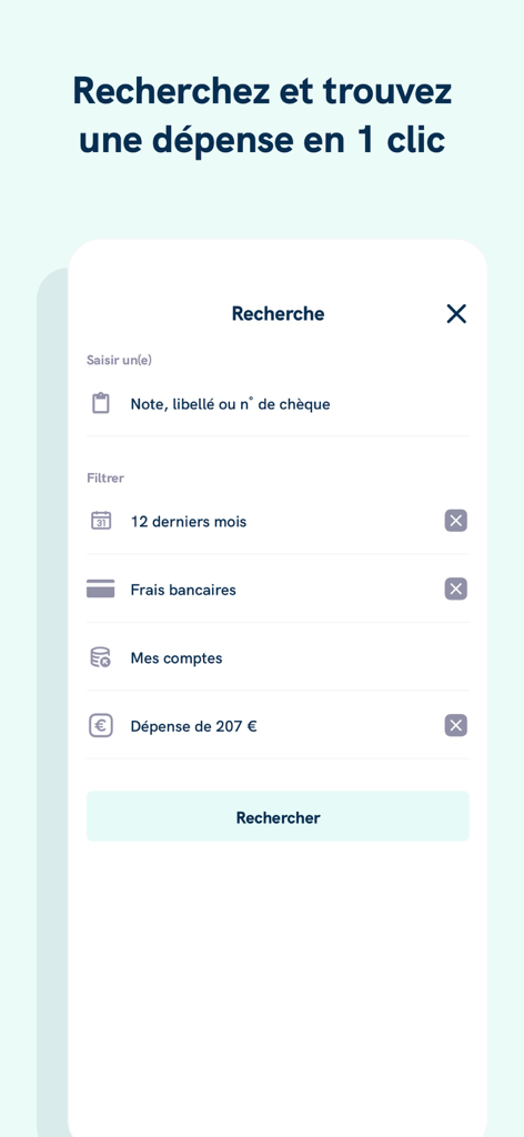 Linxo - L'app n°1 de budget - Interface of the Linxo app showing advanced search filters for tracking expenses