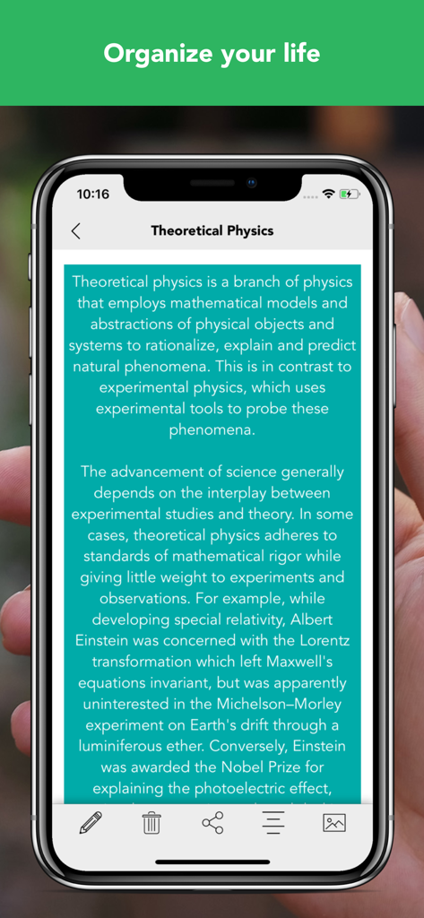 Uma nota codificada por cores sobre física teórica em um smartphone usando o aplicativo Noteworthy