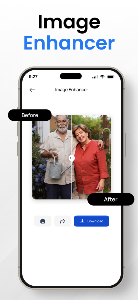 Image Converter to JPG－PDF－PNG - Screenshot of the image enhancer feature showing a before and after comparison of a photo.