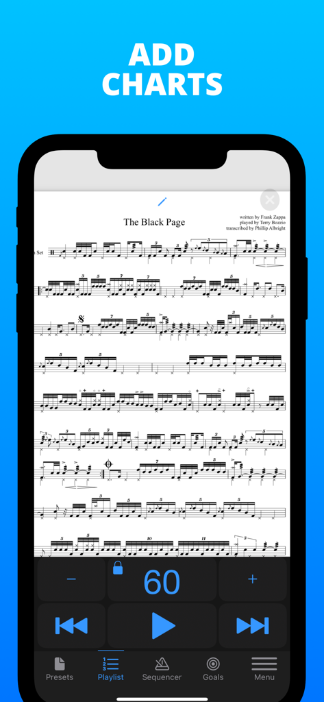 PolyNome: THE Metronome - PolyNome app interface displaying complex drum sheet music with integrated metronome playback controls