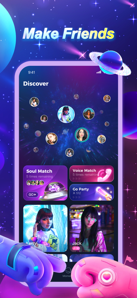 카라완 앱 인터페이스는 소울 매치 및 보이스 매치 기능을 통해 친구를 사귀는 디스커버 섹션을 보여줍니다.