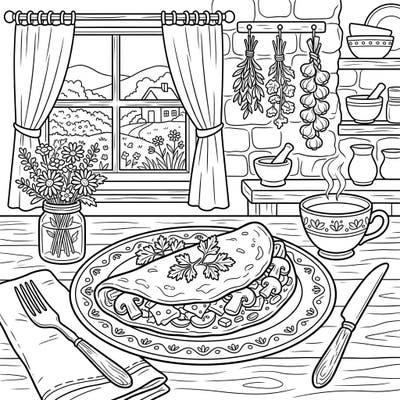 Indulge in the comfort of a delicious omelette served in a charming cottagecore kitchen with this delightful coloring page. Immerse yourself in a rustic scene filled with wholesome details, perfect for a relaxing coloring experience.