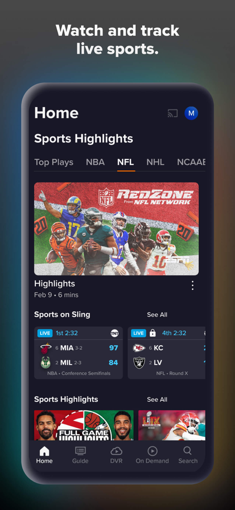 Sling TV App-Oberfläche mit Live-Sport-Highlights und Spielständen für NFL und NBA