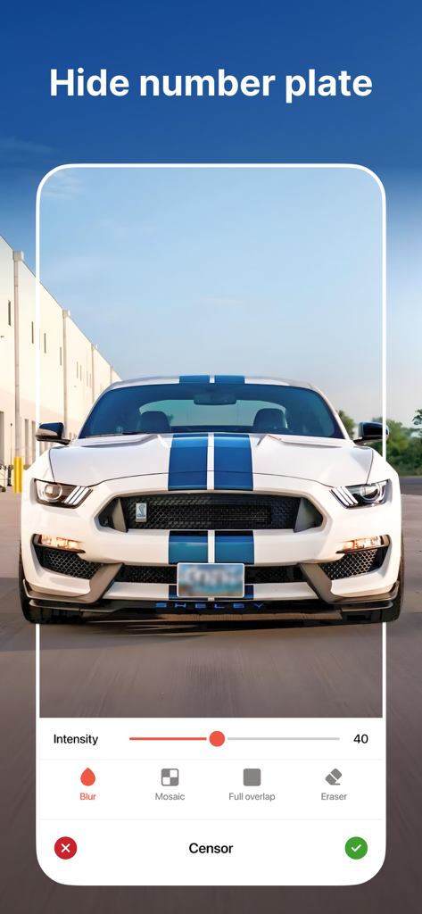 Censor: Face Blur & Pixelate - Censor app interface showing a blurred license plate on a white sports car