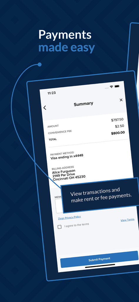 rmResident - rmResident app mobile interface showing a rent payment summary with total amount, payment method, and submit payment button