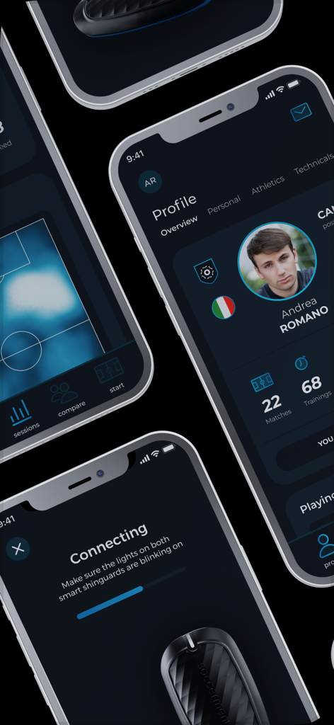 XSEED - Capturas de pantalla de la aplicación XSEED que muestran análisis de perfil de jugador y conexión de espinilleras inteligentes