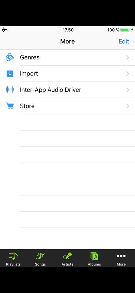 BAPU - BAPU app More menu screen showing options for Genres Import and Inter-App Audio Driver