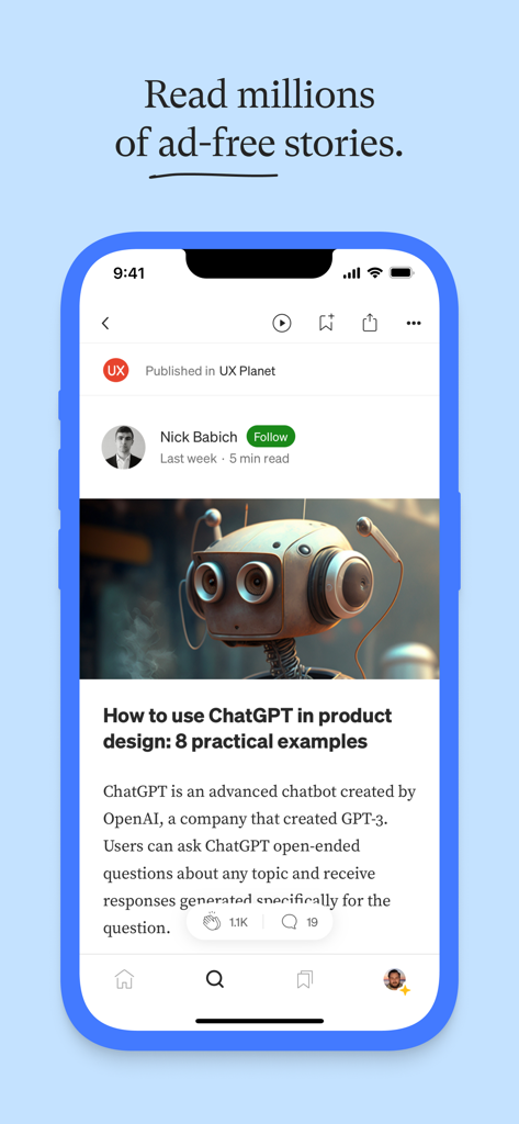 Medium: Read & Write Stories - ChatGPTのプロダクトデザインに関する長文記事を表示しているiPhoneのMediumモバイルアプリのスクリーンショット。