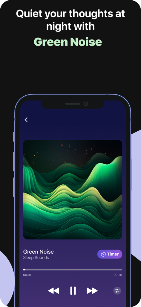 Yawn: Sleep Sounds, Audiobooks - Tela de smartphone mostrando a interface do reprodutor de ruído verde no aplicativo de sons para dormir Yawn