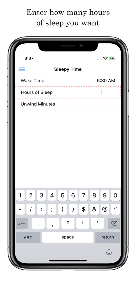 Sleepy Time - Time for Bed - Sleepy Time 앱의 iPhone 디스플레이에 수면 시간 입력 필드가 표시됩니다.