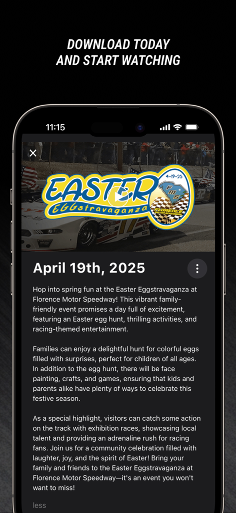 Ultra Broadcasting - Ultra Broadcastingアプリの画面。フローレンス・モーター・スピードウェイでのレースイベントの詳細を表示している。