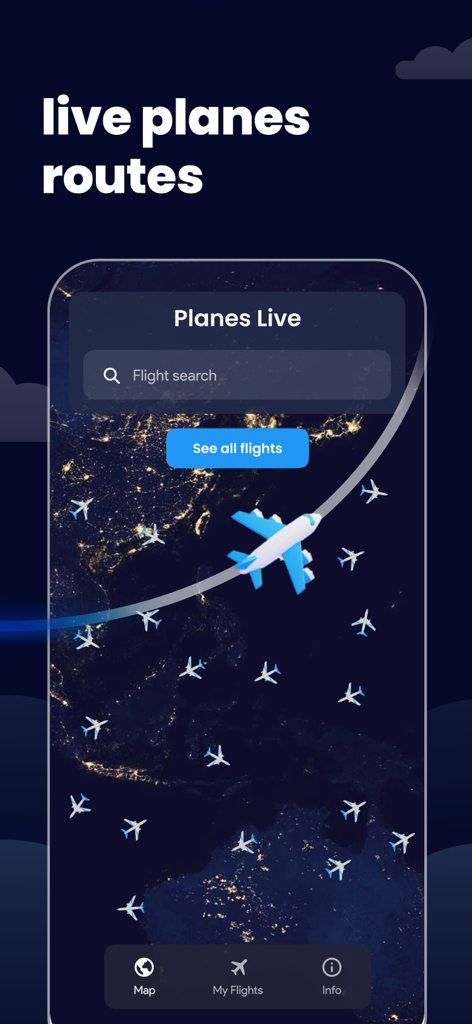 FlightRadar Pro: Track Flights - グローバルマップ上のリアルタイムの飛行機ルートを示すFlightRadar Proアプリのインターフェイス